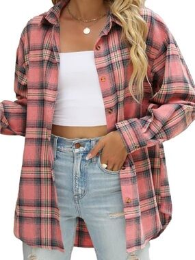 Pink Plaid Button-Down Shirt Jacket